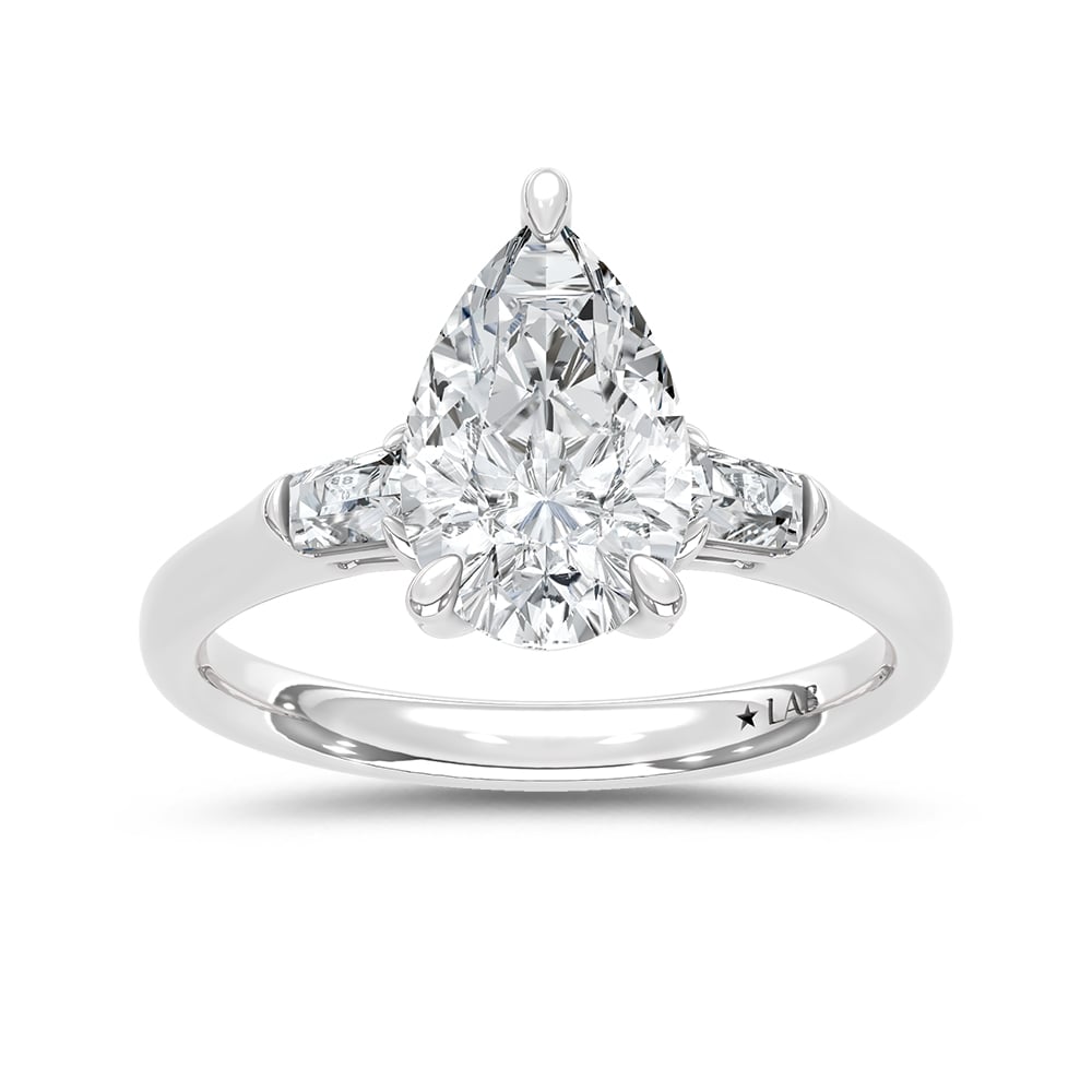 14K White Gold Lab Grown Diamond 2 1/6 Ct.Tw. Pear and Tapper Three Stone Engagement Ring