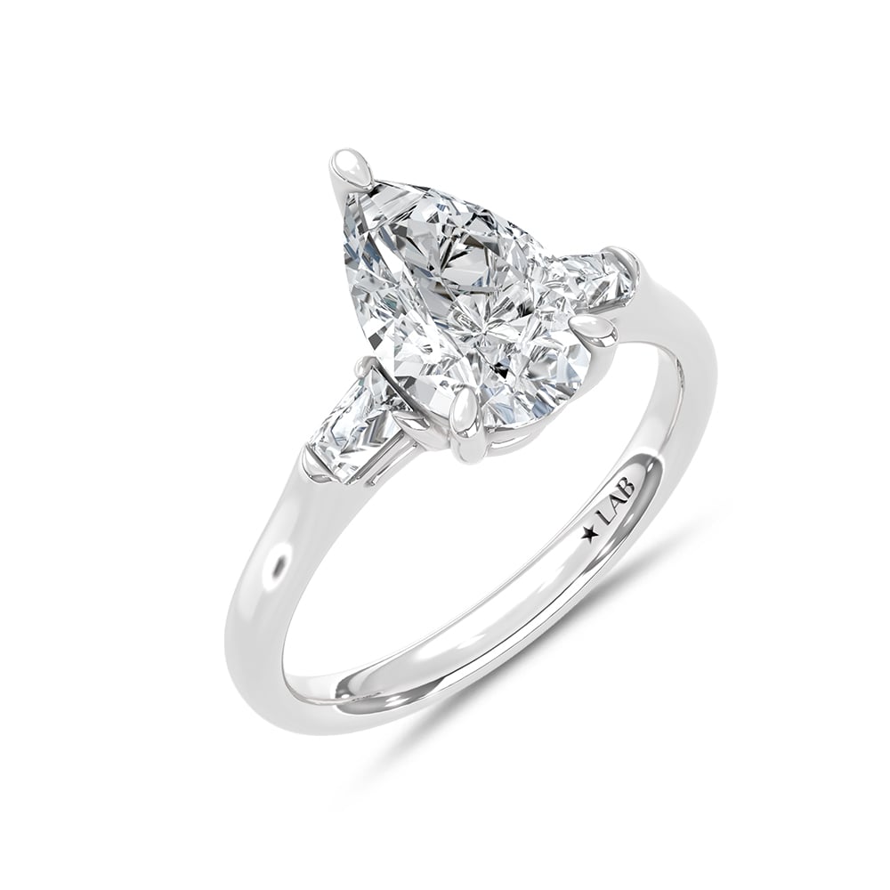 14K White Gold Lab Grown Diamond 2 1/6 Ct.Tw. Pear and Tapper Three Stone Engagement Ring