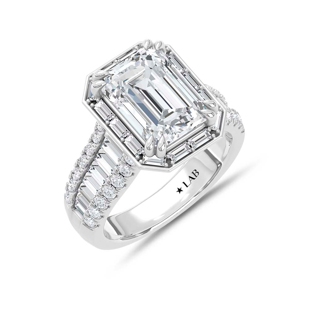 14K White Gold Lab Grown Diamond 6 1/4 Ct.Tw. Emerald Shape Engagement Ring (IGI Certified Center 5ct Emerald)