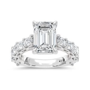 14K White Gold Lab Grown Diamond 6 Ct.Tw. IGI Certified Emerald Shape East West Engagement Ring ( Center Emerald 4CTW)