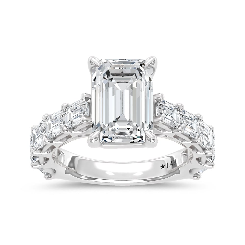 14K White Gold Lab Grown Diamond 6 Ct.Tw. IGI Certified Emerald Shape East West Engagement Ring ( Center Emerald 4CTW)