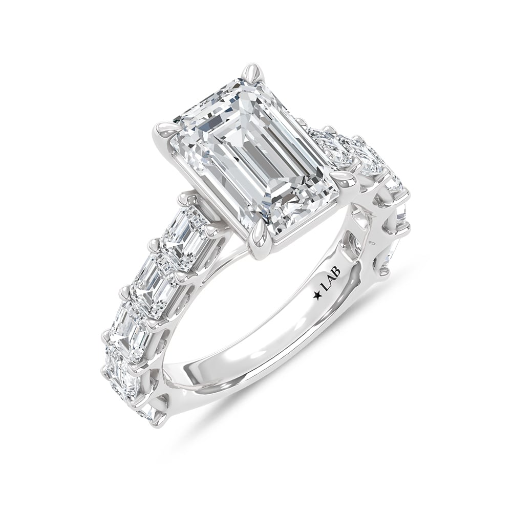 14K White Gold Lab Grown Diamond 6 Ct.Tw. IGI Certified Emerald Shape East West Engagement Ring ( Center Emerald 4CTW)