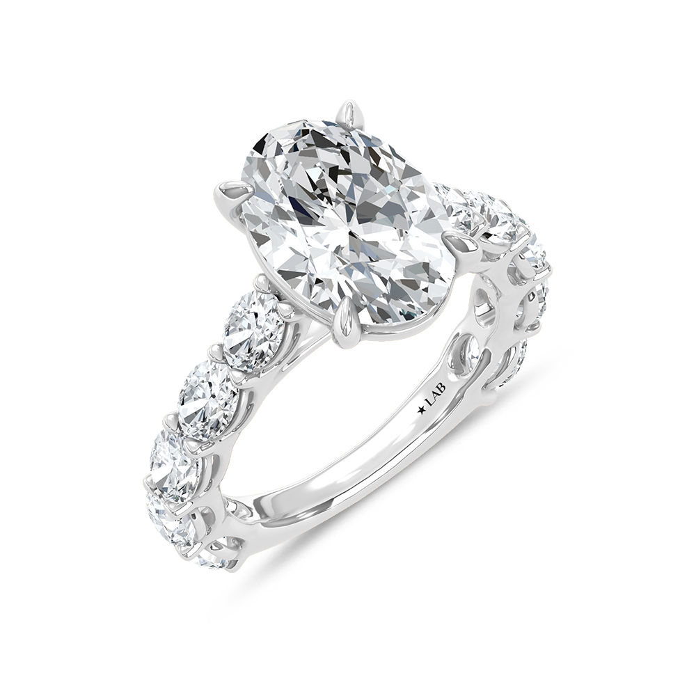 14K White Gold Lab Grown Diamond 6 Ct.Tw. IGI Certified Oval Shape East West Engagement Ring ( Center Oval 4CTW)