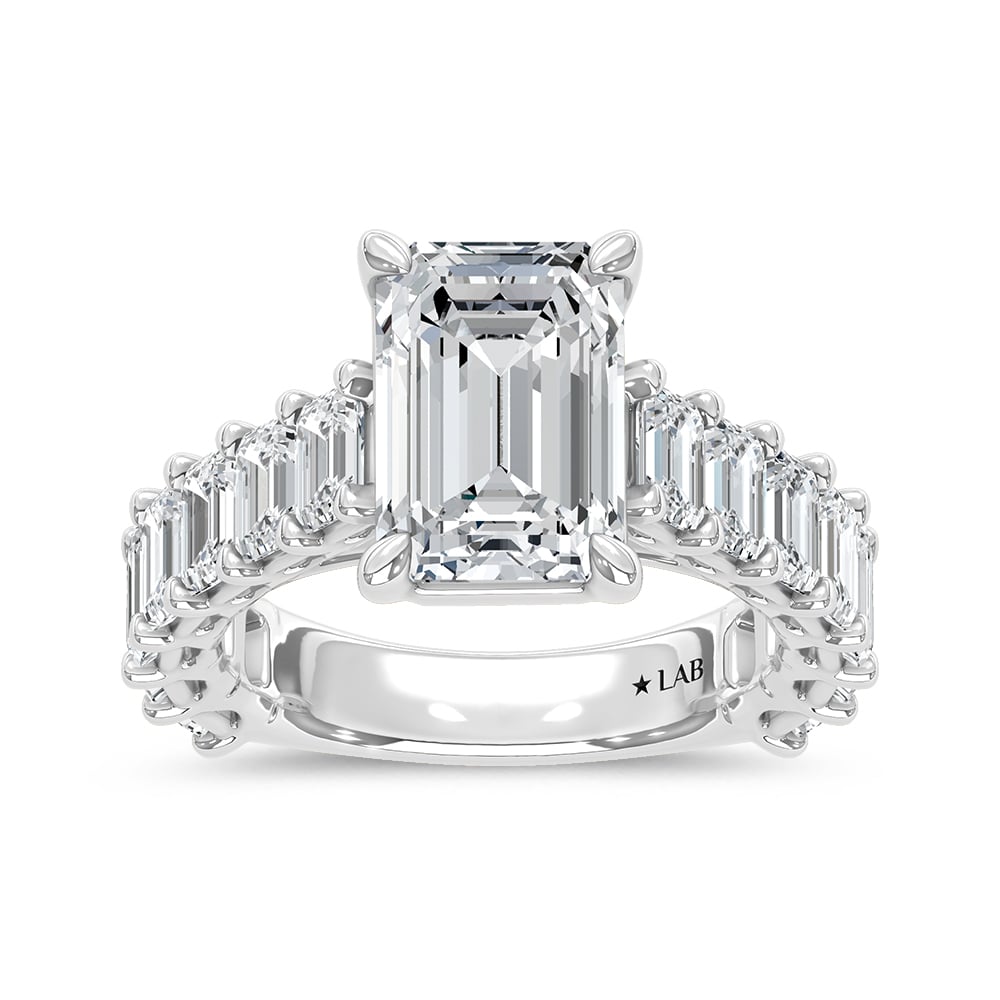14K White Gold Lab Grown Diamond 7 1/2 Ct.Tw. IGI Certified Emerald Shape North South Engagement Ring ( Center Emerald 4CTW)