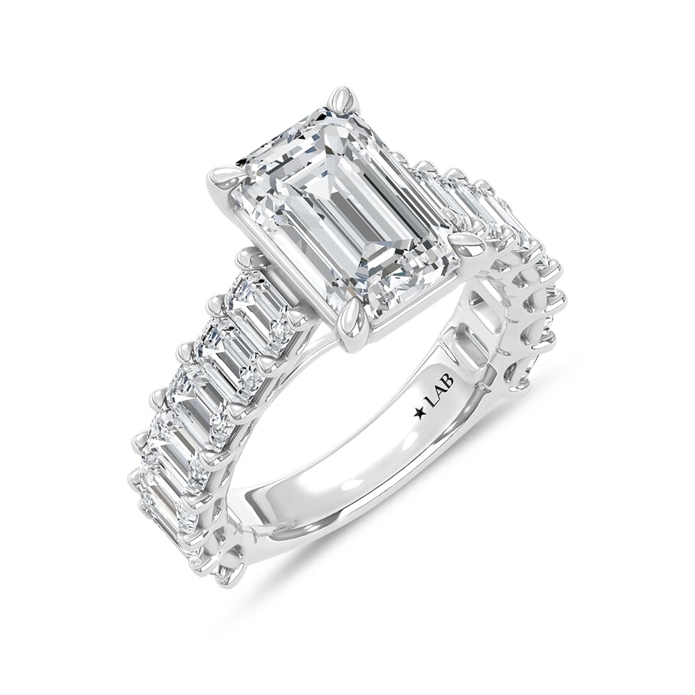14K White Gold Lab Grown Diamond 7 1/2 Ct.Tw. IGI Certified Emerald Shape North South Engagement Ring ( Center Emerald 4CTW)