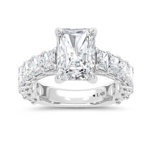 14K White Gold Lab Grown Diamond 14 Ct.Tw. IGI Certified Radiant Shape North South Engagement Ring ( Center Radiant 10CTW)