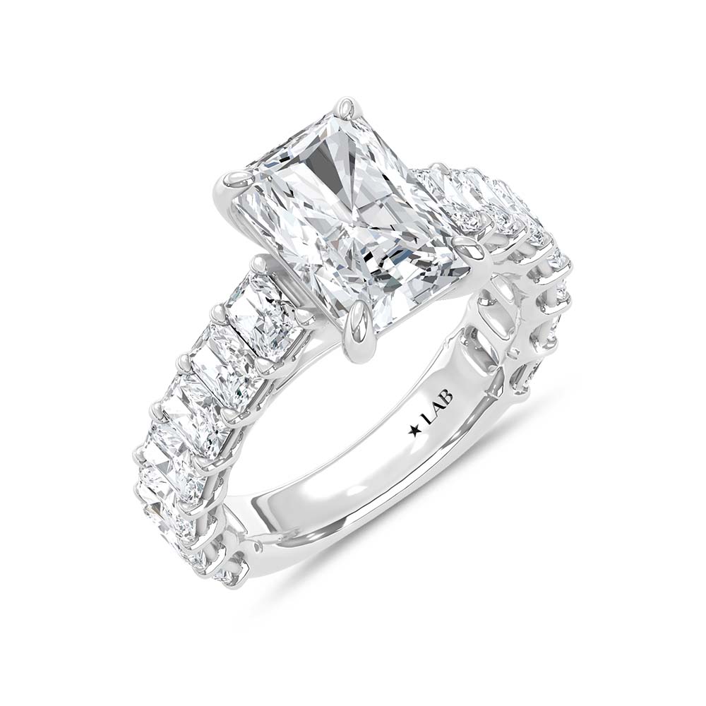 14K White Gold Lab Grown Diamond 14 Ct.Tw. IGI Certified Radiant Shape North South Engagement Ring ( Center Radiant 10CTW)