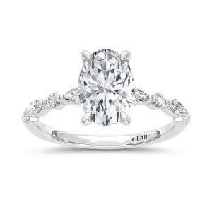 14K White Gold Lab Grown Marquise and Round Diamond 2 1/3 Ct.Tw. Engagement Ring With Oval Center