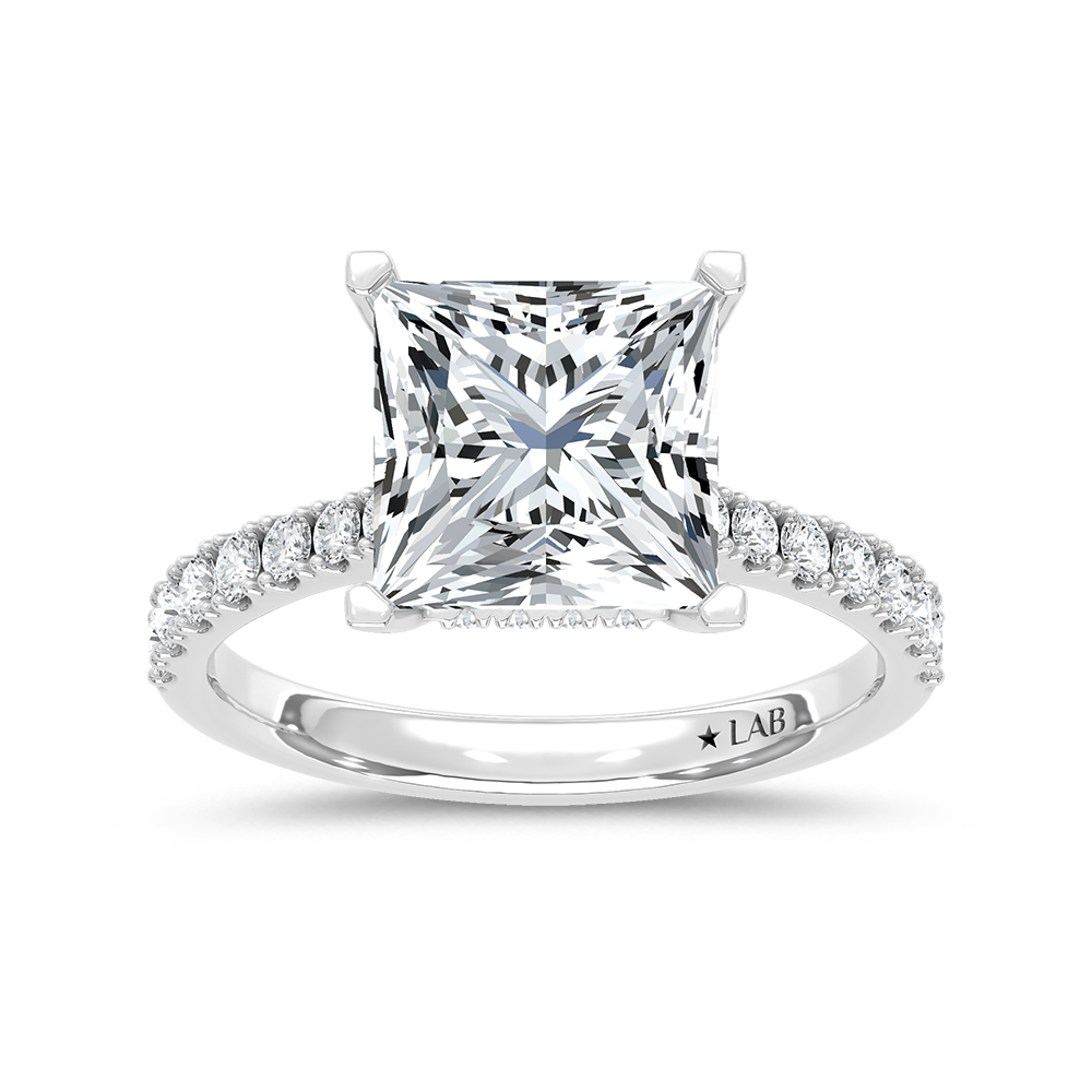 14K White Gold Lab Grown Diamond 3 3/8 Ct.Tw. Princess Shape Hidden Halo Engagement Ring