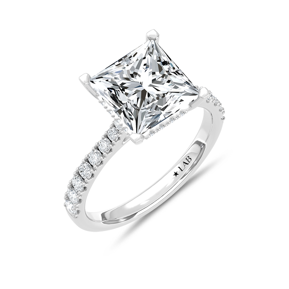 14K White Gold Lab Grown Diamond 3 3/8 Ct.Tw. Princess Shape Hidden Halo Engagement Ring
