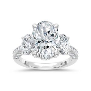 14K White Gold Lab Grown Diamond 6 Ct.Tw. Oval Shape Three Stone Engagement Ring (IGI Certified Center 4ct Oval)