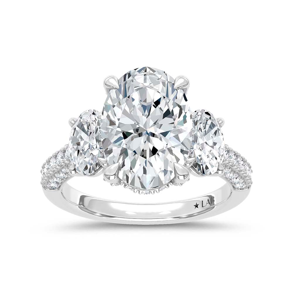 14K White Gold Lab Grown Diamond 6 Ct.Tw. Oval Shape Three Stone Engagement Ring (IGI Certified Center 4ct Oval)