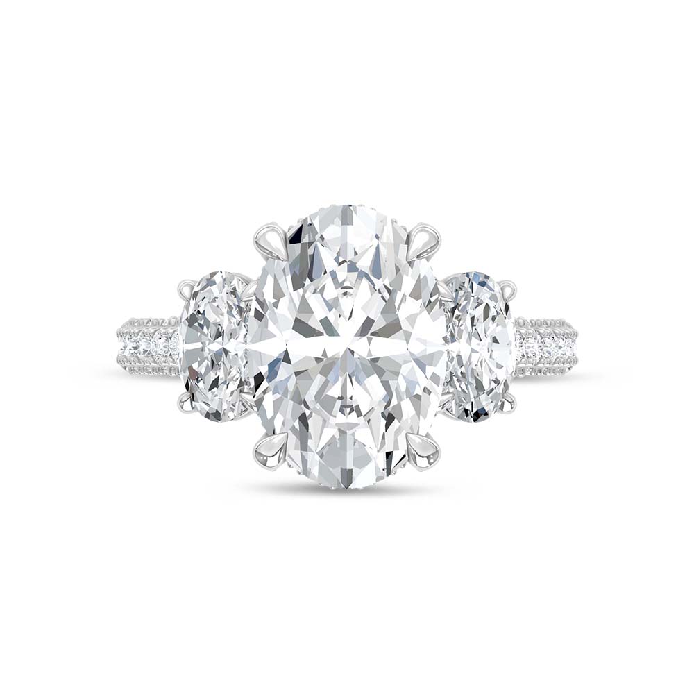 14K White Gold Lab Grown Diamond 6 Ct.Tw. Oval Shape Three Stone Engagement Ring (IGI Certified Center 4ct Oval)