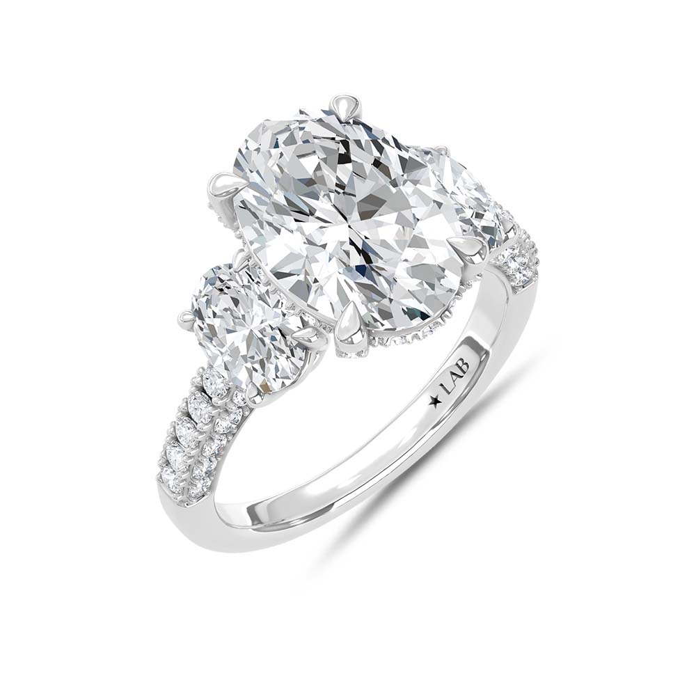 14K White Gold Lab Grown Diamond 6 Ct.Tw. Oval Shape Three Stone Engagement Ring (IGI Certified Center 4ct Oval)