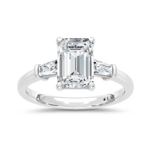 14K White Gold Lab Grown Diamond 2 1/3 Ct.Tw. Emerald and Tapper Three Stone Engagement Ring