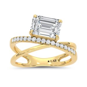 14K Yellow Gold 2 1/6 Ct.Tw. Lab Grown Diamond Emerald and Round Shape Crossover Fashion Ring