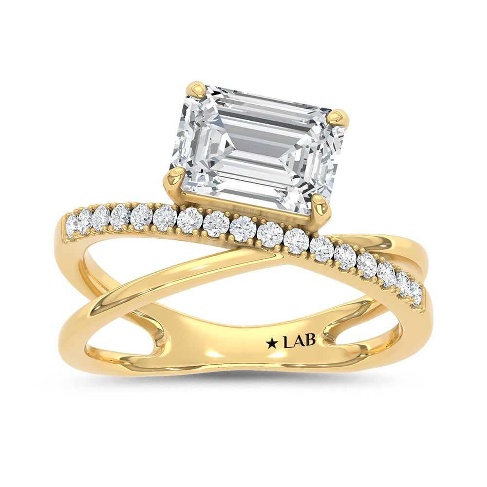 14K Yellow Gold 2 1/6 Ct.Tw. Lab Grown Diamond Emerald and Round Shape Crossover Fashion Ring