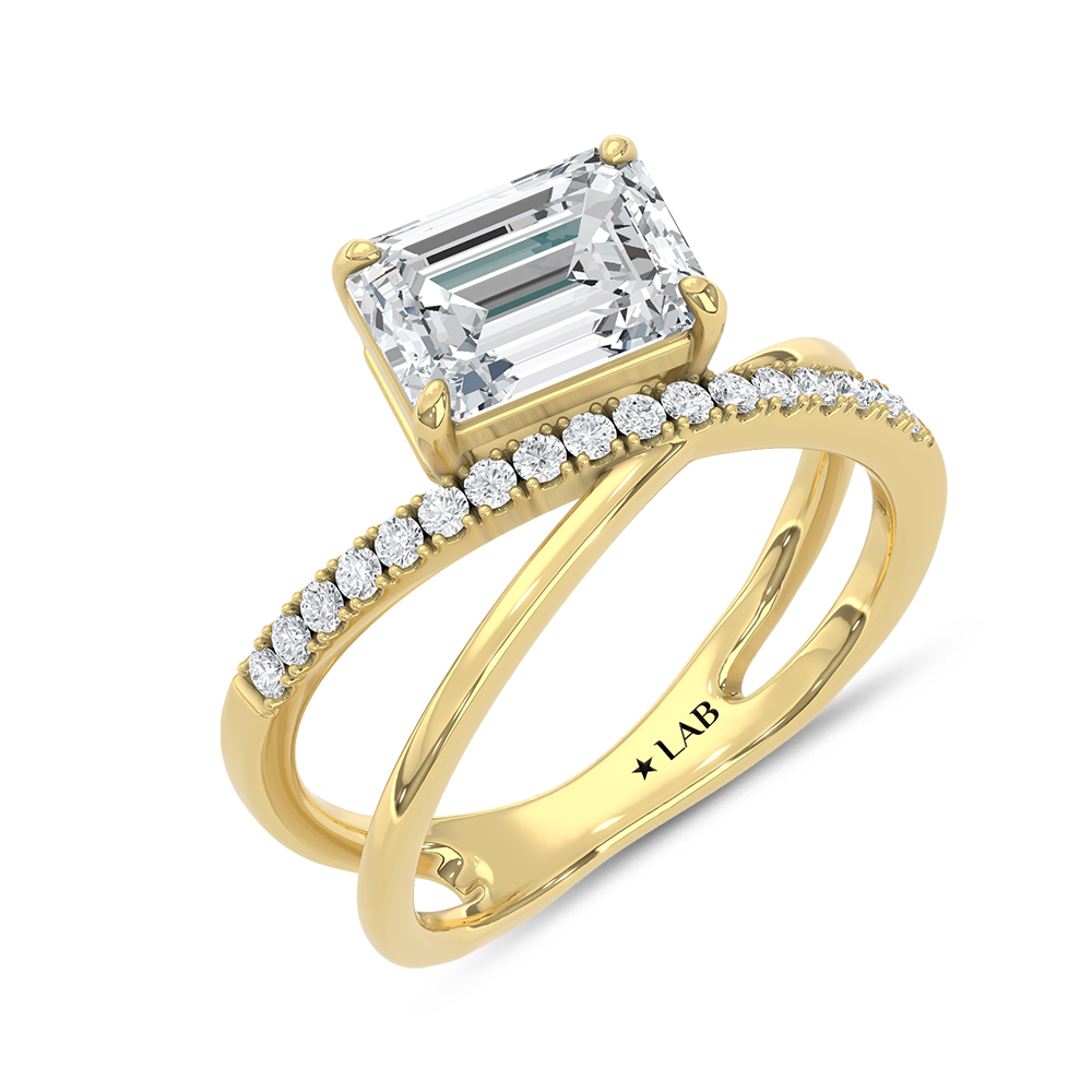 14K Yellow Gold 2 1/6 Ct.Tw. Lab Grown Diamond Emerald and Round Shape Crossover Fashion Ring