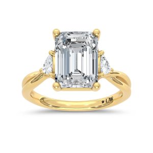 14K Yellow Gold 5 1/3 Ct.Tw. Lab Grown Diamond Emerald and Trillion Shape Three Stone Engagement Ring (IGI Certified Center 5ct Emerald)