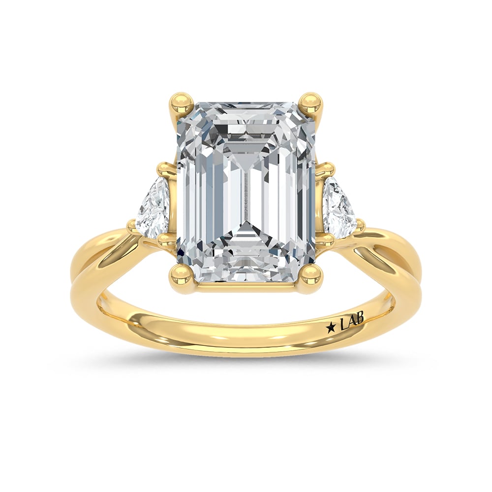 14K Yellow Gold 5 1/3 Ct.Tw. Lab Grown Diamond Emerald and Trillion Shape Three Stone Engagement Ring (IGI Certified Center 5ct Emerald)