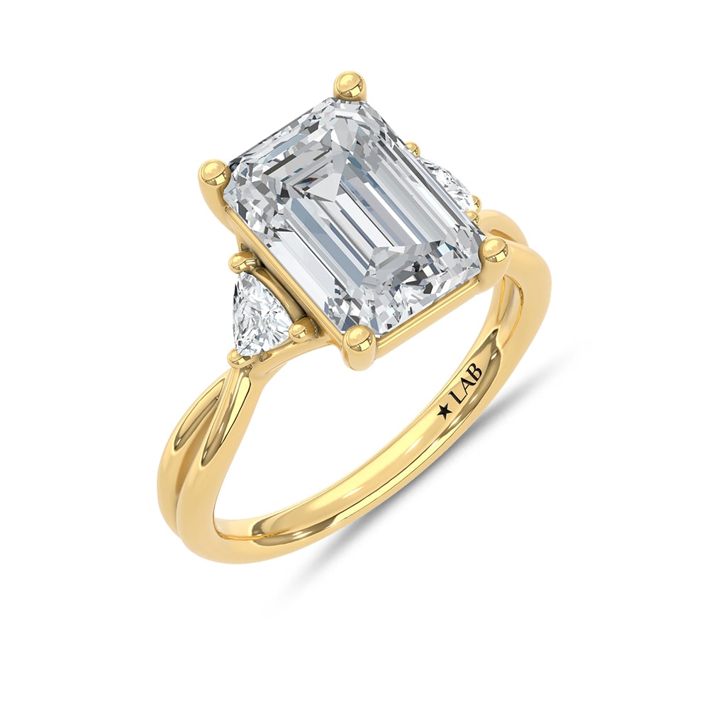 14K Yellow Gold 5 1/3 Ct.Tw. Lab Grown Diamond Emerald and Trillion Shape Three Stone Engagement Ring (IGI Certified Center 5ct Emerald)