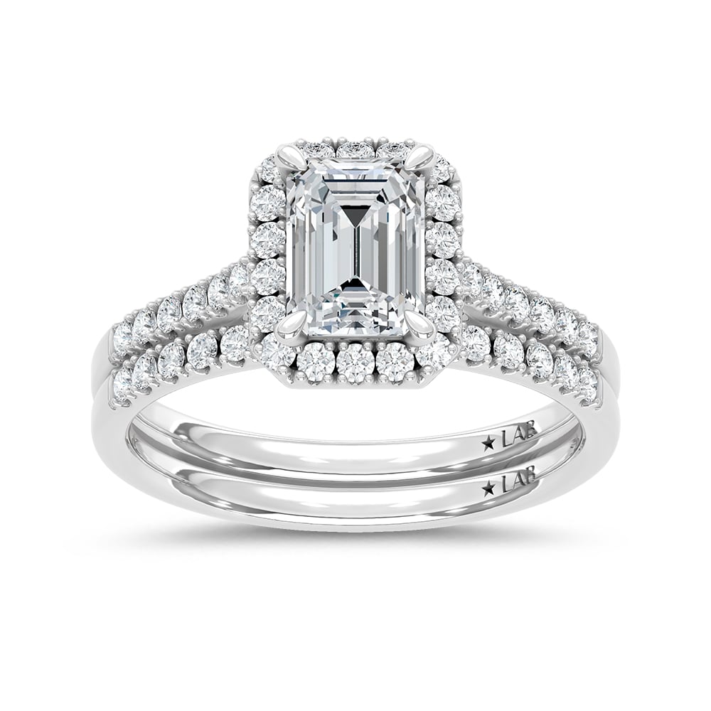 10K White Gold Lab Grown Diamond 1 1/2 Ct.Tw. Emerald Shape Halo Bridal Ring (Center 1 Ctw)