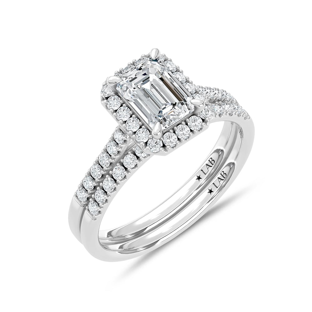 10K White Gold Lab Grown Diamond 1 1/2 Ct.Tw. Emerald Shape Halo Bridal Ring (Center 1 Ctw)