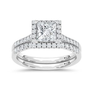 10K White Gold Lab Grown Diamond 1 1/2 Ct.Tw. Princess Shape Halo Bridal Ring (Center 1 Ctw)