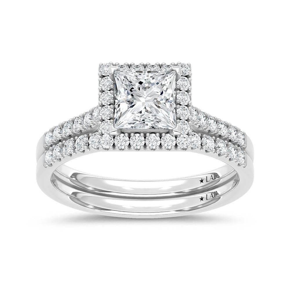 10K White Gold Lab Grown Diamond 1 1/2 Ct.Tw. Princess Shape Halo Bridal Ring (Center 1 Ctw)
