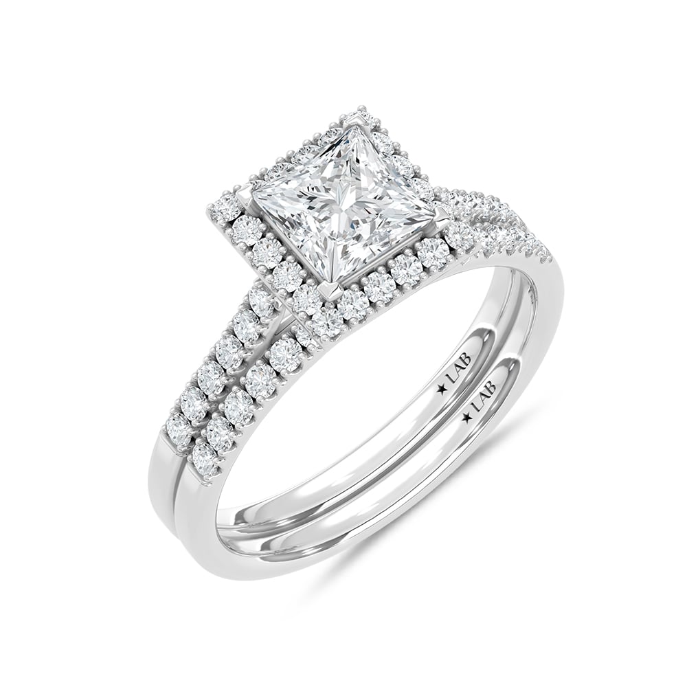 10K White Gold Lab Grown Diamond 1 1/2 Ct.Tw. Princess Shape Halo Bridal Ring (Center 1 Ctw)