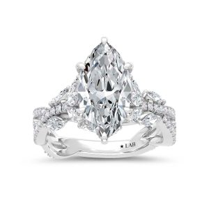 14K White Gold Lab Grown Diamond 3 3/4 Ct.Tw. IGI Certified Marquise Shape Floral Engagement Ring ( Center 3CTW)