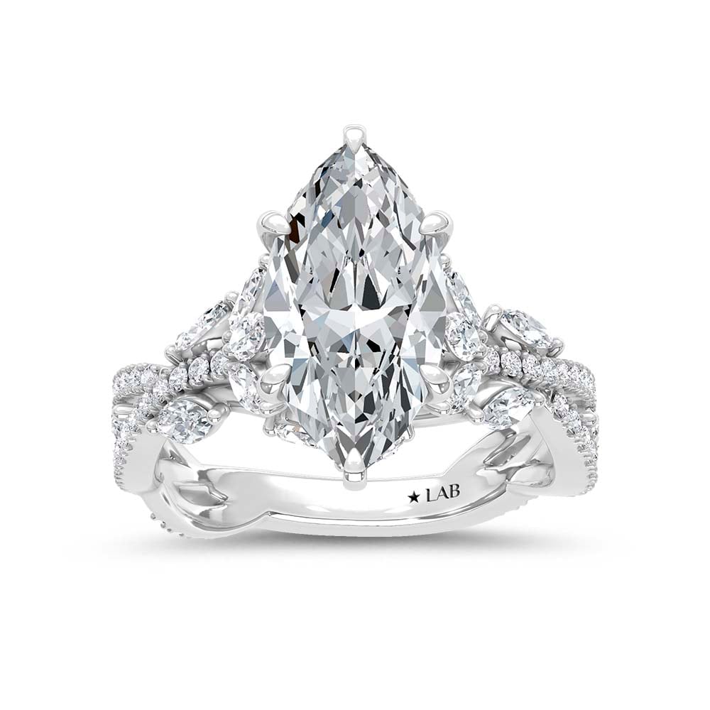 14K White Gold Lab Grown Diamond 3 3/4 Ct.Tw. IGI Certified Marquise Shape Floral Engagement Ring ( Center 3CTW)