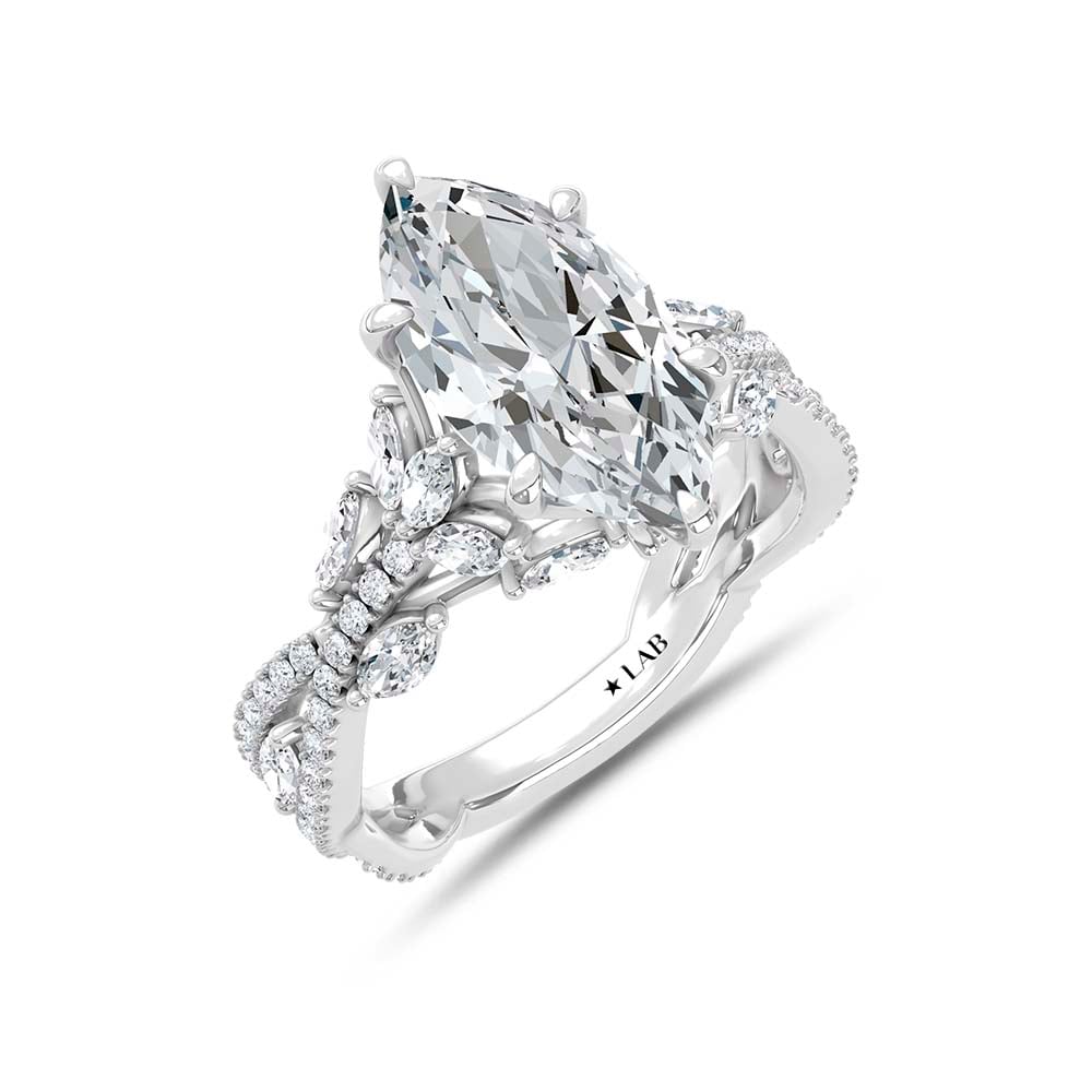 14K White Gold Lab Grown Diamond 3 3/4 Ct.Tw. IGI Certified Marquise Shape Floral Engagement Ring ( Center 3CTW)