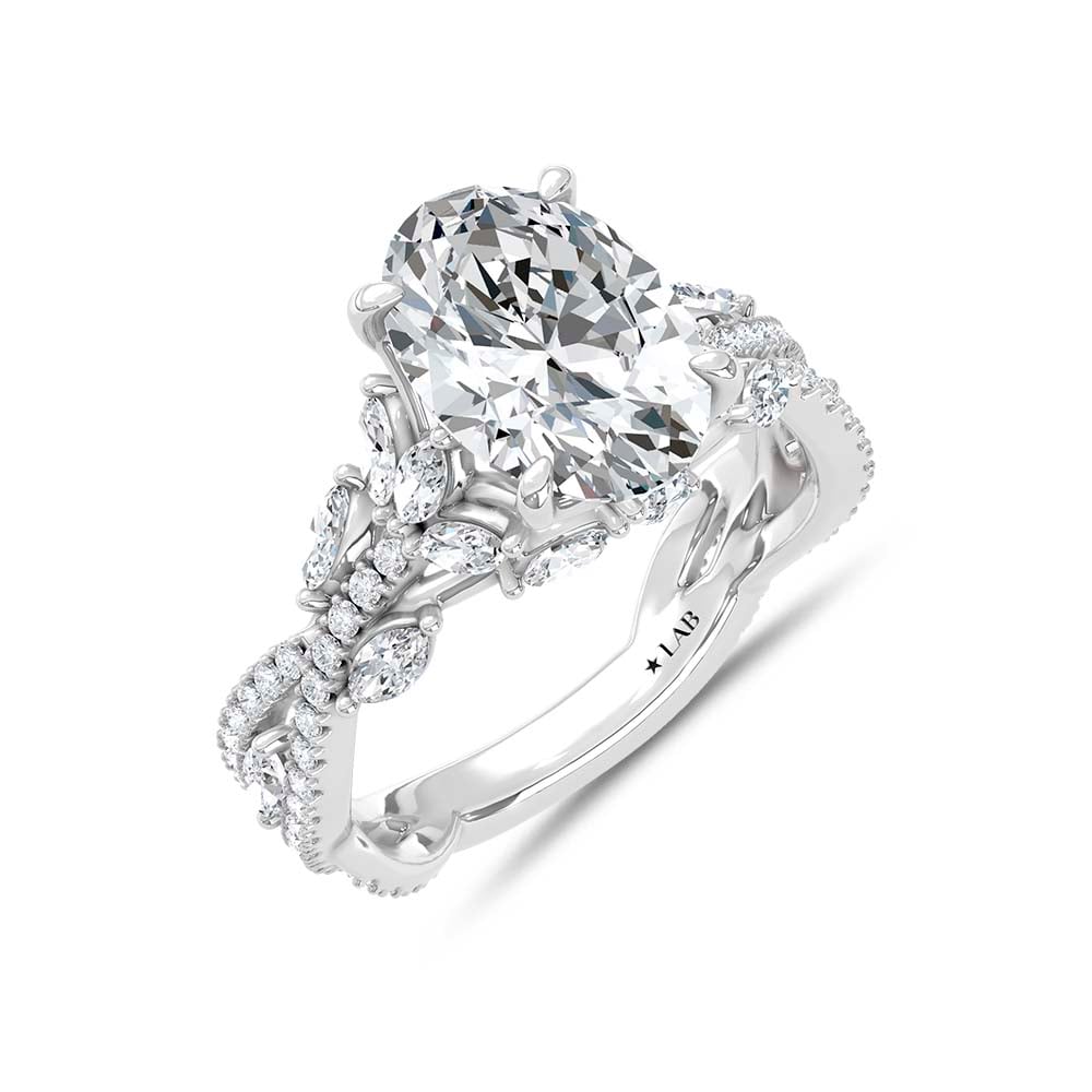 14K White Gold Lab Grown Diamond 3 3/4 Ct.Tw. IGI Certified Oval Shape Floral Engagement Ring ( Center 3CTW)