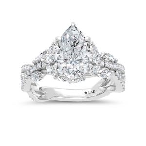 14K White Gold Lab Grown Diamond 2 3/4 Ct.Tw. IGI Certified Pear Shape Floral Engagement Ring ( Center 2CTW)