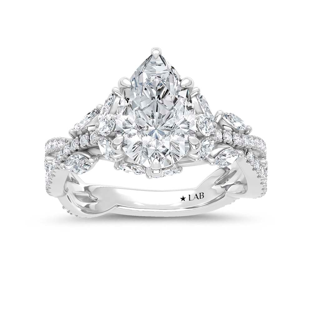 14K White Gold Lab Grown Diamond 2 3/4 Ct.Tw. IGI Certified Pear Shape Floral Engagement Ring ( Center 2CTW)