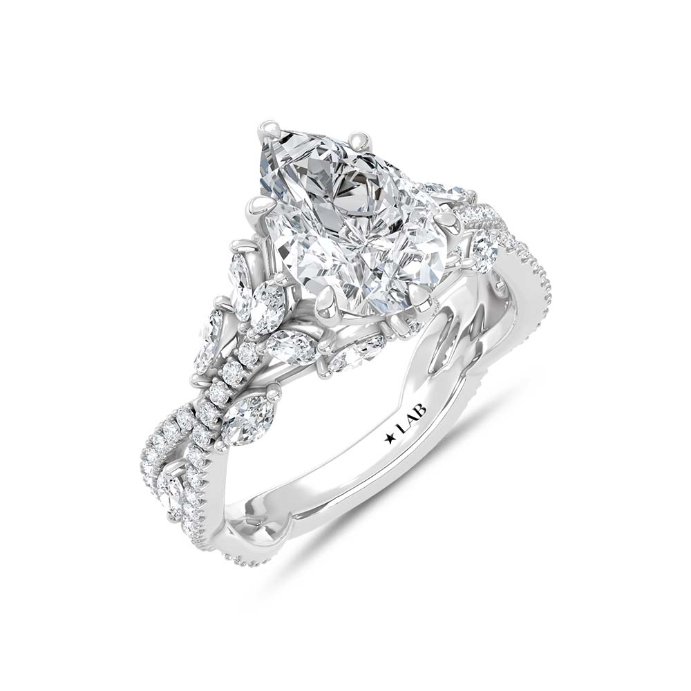 14K White Gold Lab Grown Diamond 2 3/4 Ct.Tw. IGI Certified Pear Shape Floral Engagement Ring ( Center 2CTW)