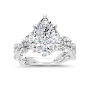14K White Gold Lab Grown Diamond 3 3/4 Ct.Tw. IGI Certified Pear Shape Floral Engagement Ring ( Center 3CTW)