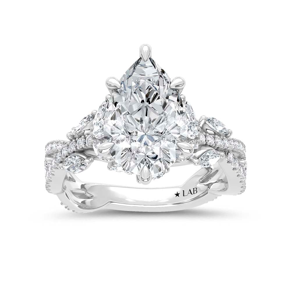 14K White Gold Lab Grown Diamond 3 3/4 Ct.Tw. IGI Certified Pear Shape Floral Engagement Ring ( Center 3CTW)