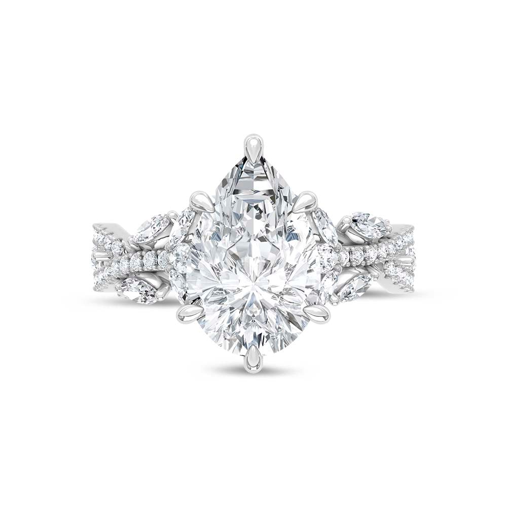 14K White Gold Lab Grown Diamond 3 3/4 Ct.Tw. IGI Certified Pear Shape Floral Engagement Ring ( Center 3CTW)