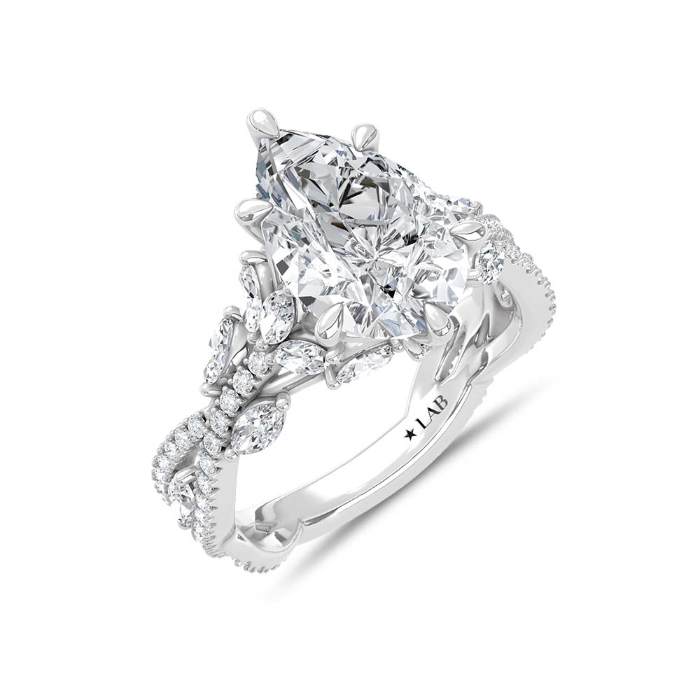 14K White Gold Lab Grown Diamond 3 3/4 Ct.Tw. IGI Certified Pear Shape Floral Engagement Ring ( Center 3CTW)