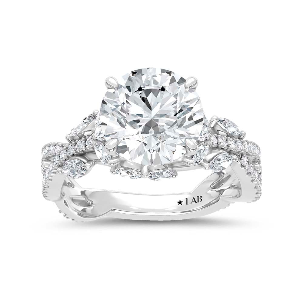 14K White Gold Lab Grown Diamond 2 3/4 Ct.Tw. IGI Certified Round Shape Floral Engagement Ring ( Center 2CTW)