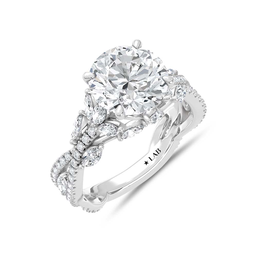 14K White Gold Lab Grown Diamond 2 3/4 Ct.Tw. IGI Certified Round Shape Floral Engagement Ring ( Center 2CTW)