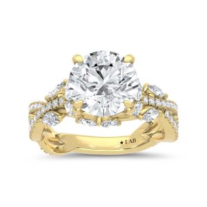 14K Yellow Gold Lab Grown Diamond 3 3/4 Ct.Tw. IGI Certified Round Shape Floral Engagement Ring ( Center 3CTW)