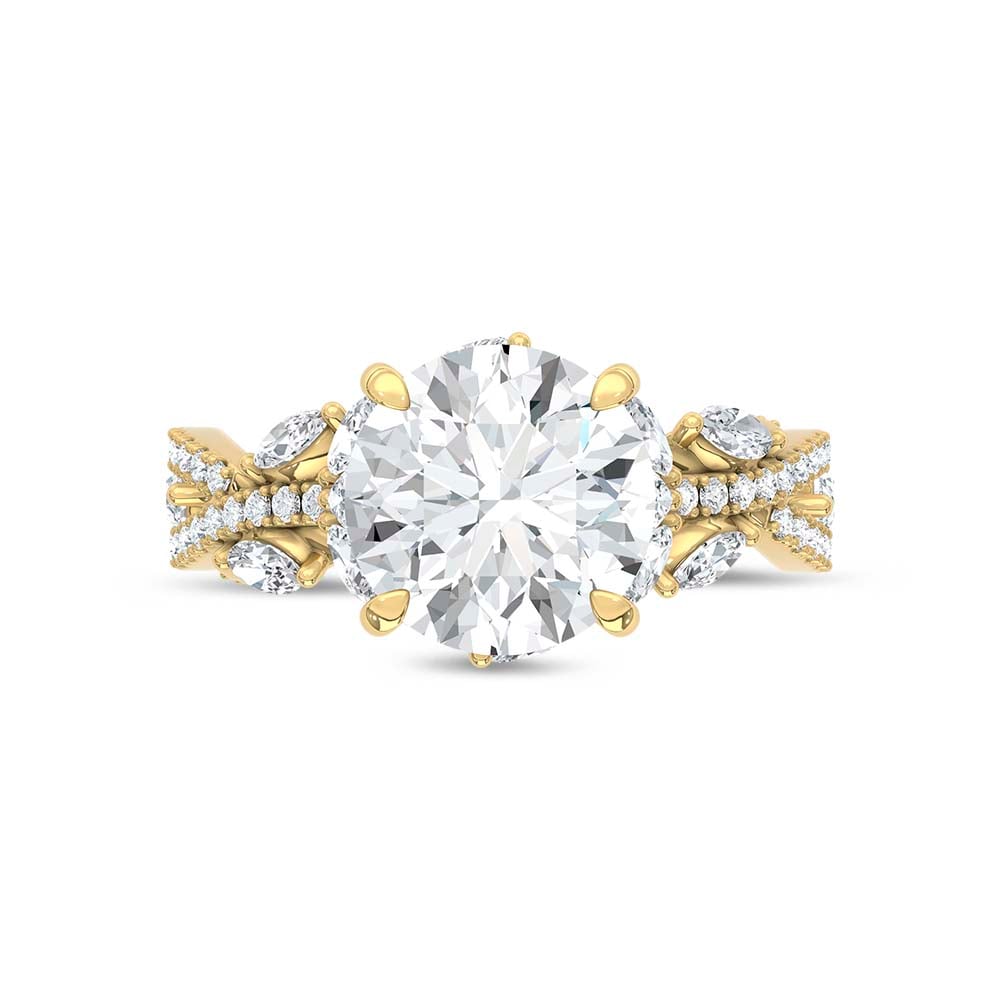 14K Yellow Gold Lab Grown Diamond 3 3/4 Ct.Tw. IGI Certified Round Shape Floral Engagement Ring ( Center 3CTW)