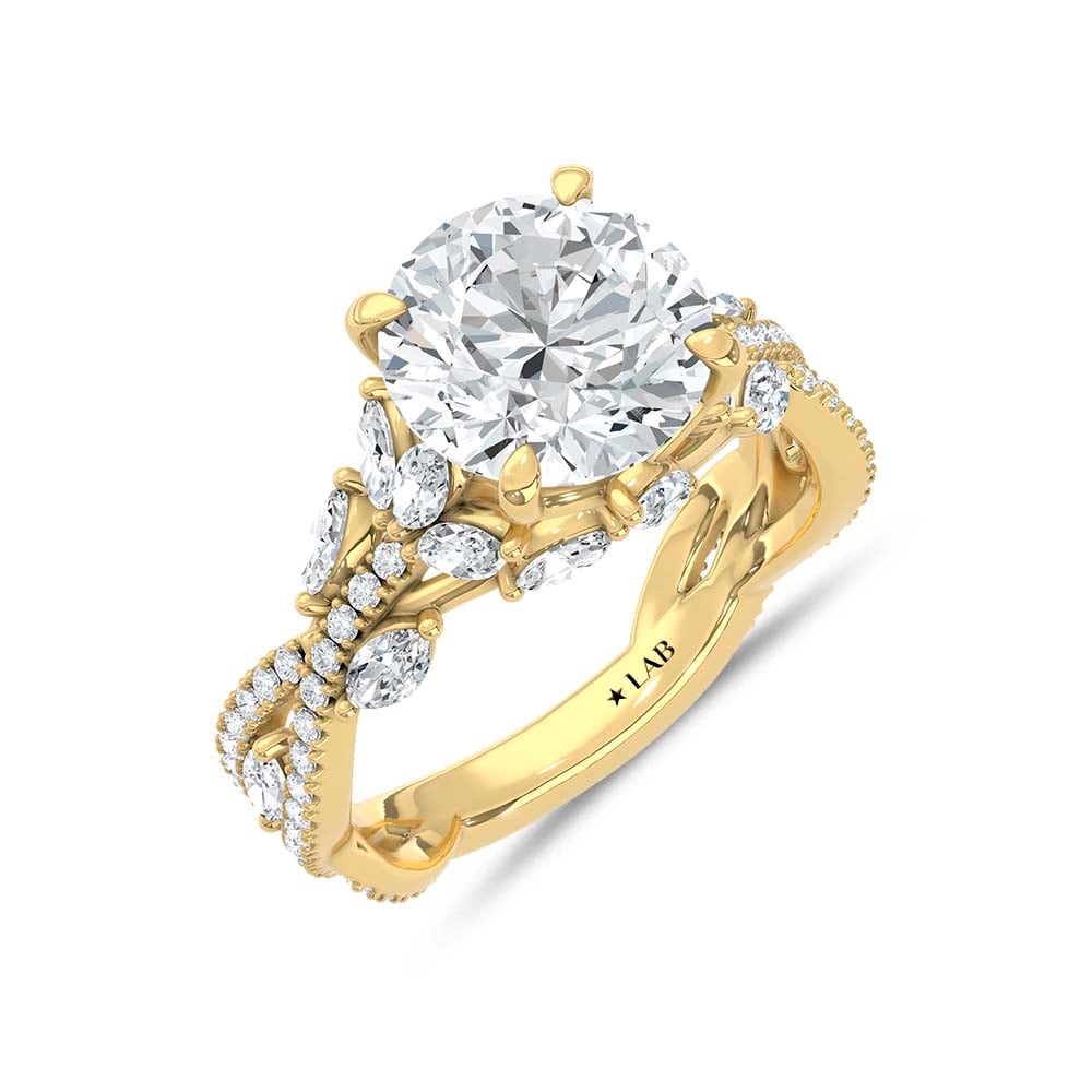 14K Yellow Gold Lab Grown Diamond 3 3/4 Ct.Tw. IGI Certified Round Shape Floral Engagement Ring ( Center 3CTW)