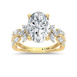 14K Yellow Gold Lab Grown Diamond 3 7/8 Ct.Tw. Oval Shape Floral Engagement Ring (Center 3 CT)