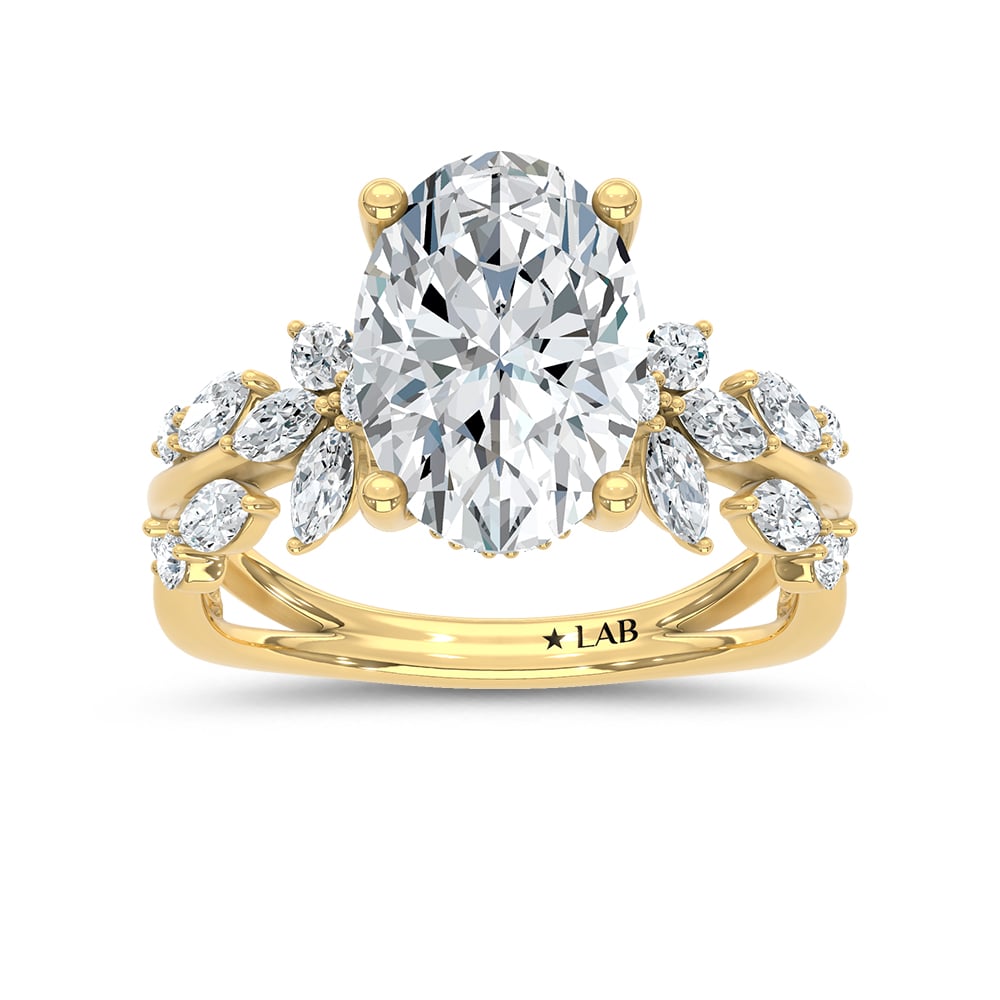 14K Yellow Gold Lab Grown Diamond 3 7/8 Ct.Tw. Oval Shape Floral Engagement Ring (Center 3 CT)