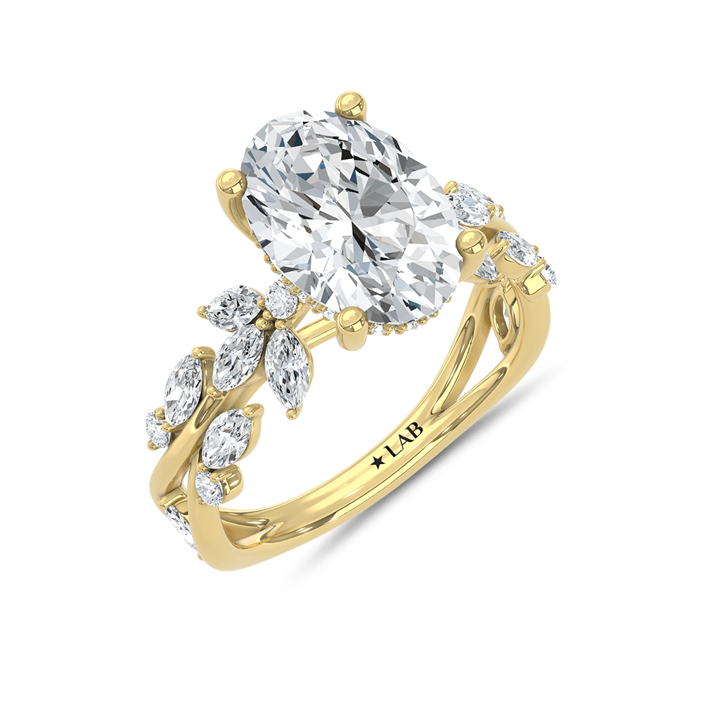 14K Yellow Gold Lab Grown Diamond 3 7/8 Ct.Tw. Oval Shape Floral Engagement Ring (Center 3 CT)
