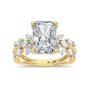 14K Yellow Gold Lab Grown Diamond 3 7/8 Ct.Tw. Radiant Shape Floral Engagement Ring (Center 3 CT)